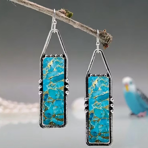 Jewelry - Silver and Blue Rectangular Dangle Earrings